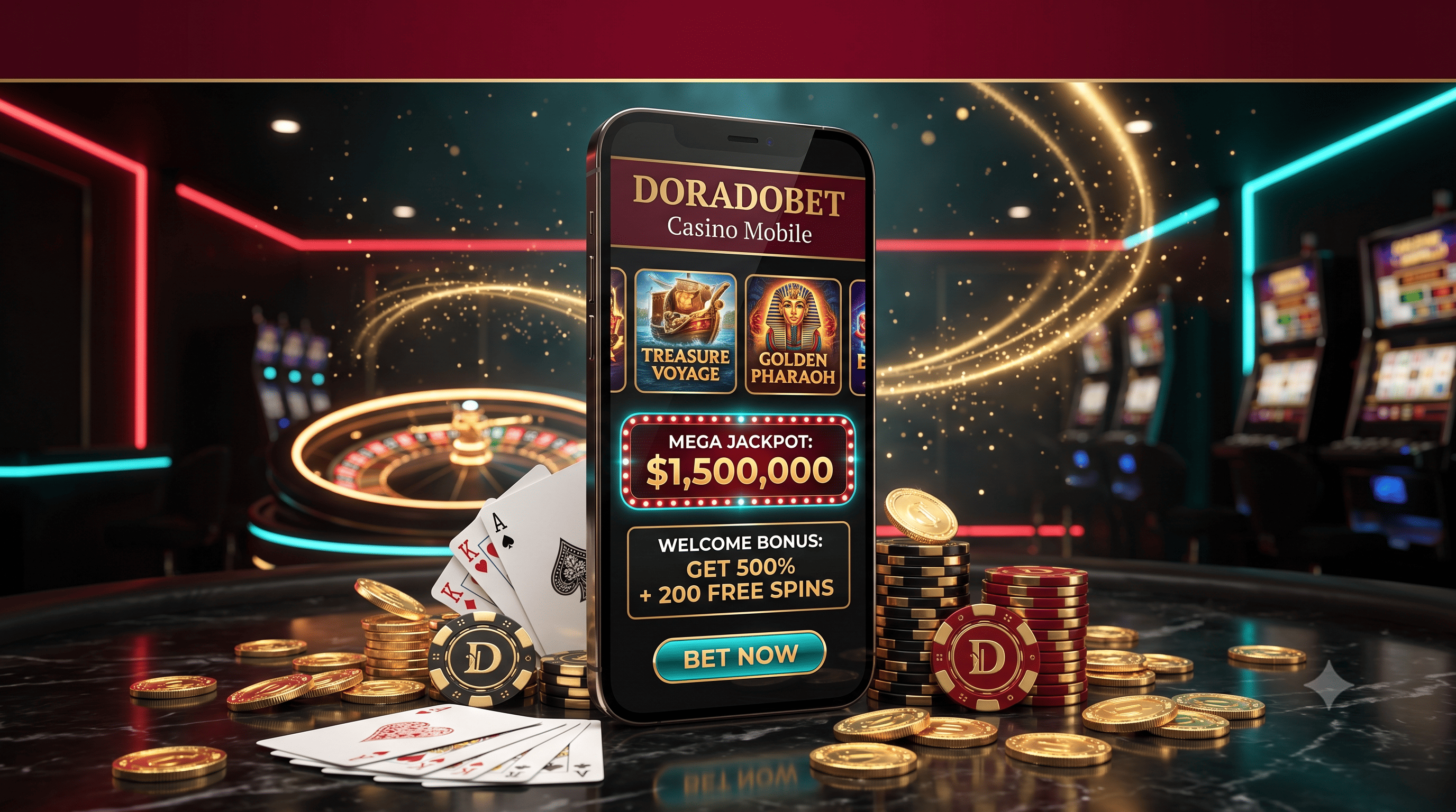 Dispositivo móvil mostrando la plataforma Doradobet y promociones de casino